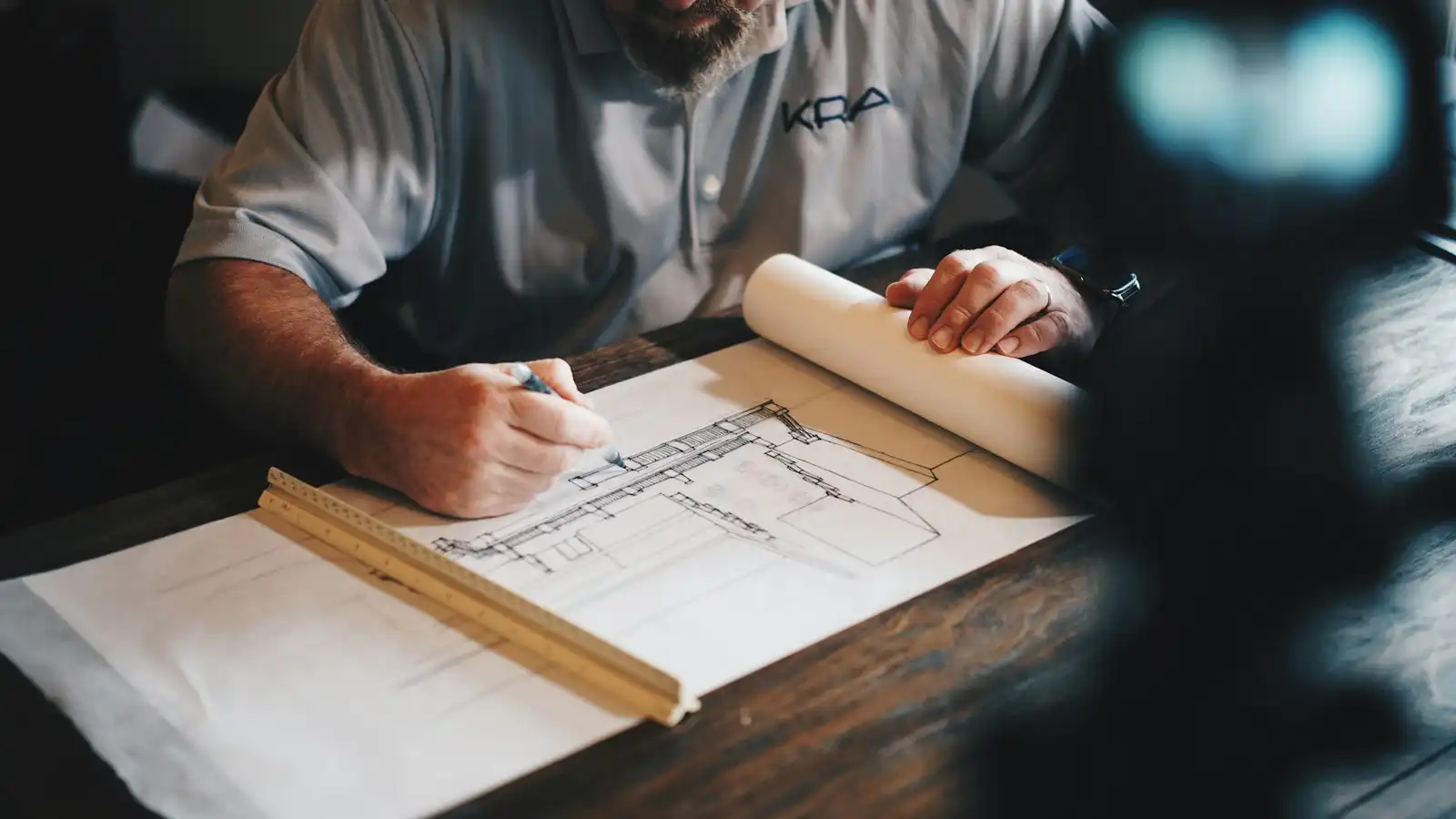 An architect drafting a floor plan by hand with a scale ruler